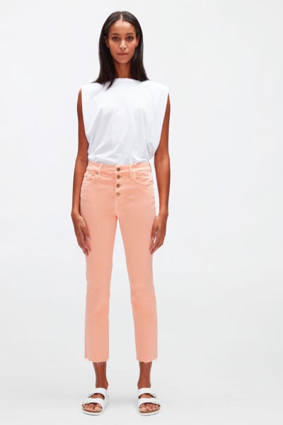  THE STRAIGHT CROP COLORED STRETCH WITH EXPOSED BUTTONS & WITH RAW CUT CORAL SAND 